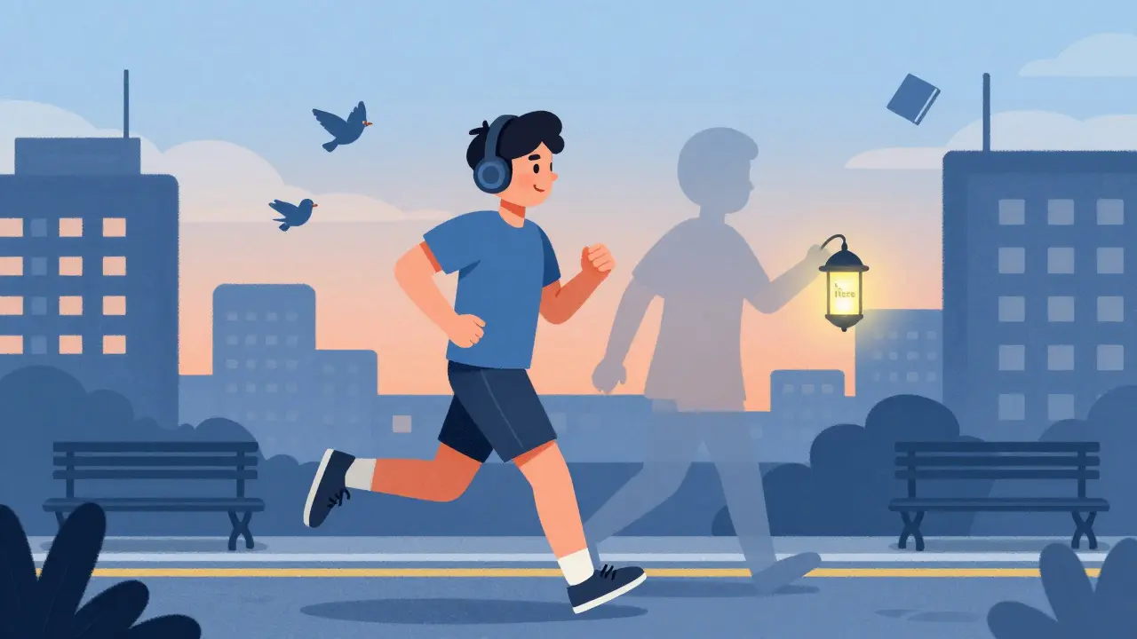 Klient běží, za ním je stín terapeuta s lampou, symbolizující přítomnost.