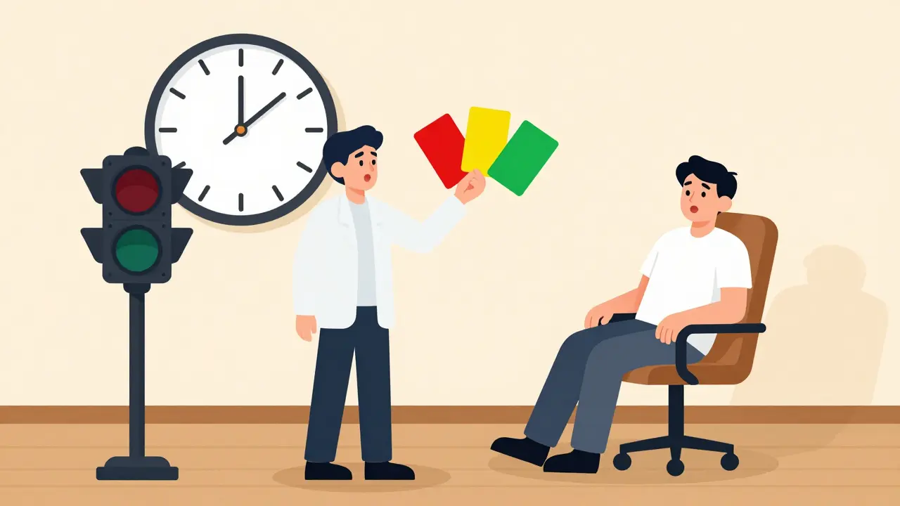 Klient drží barevné karty pro zpomalení terapie, terapeut reaguje respektujícím způsobem.