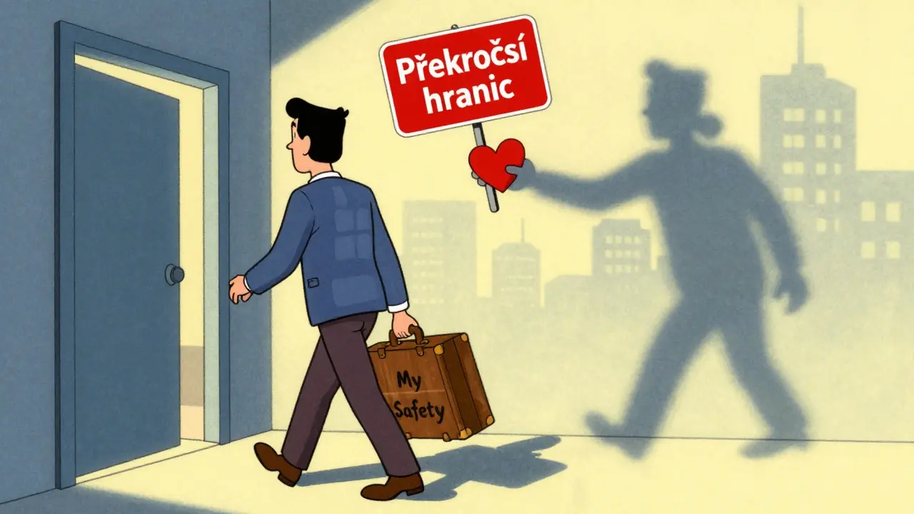 Klient odchází s kufrářem, terapeut se snaží dotáhnout k němu s dárkem, červená varovná značka.