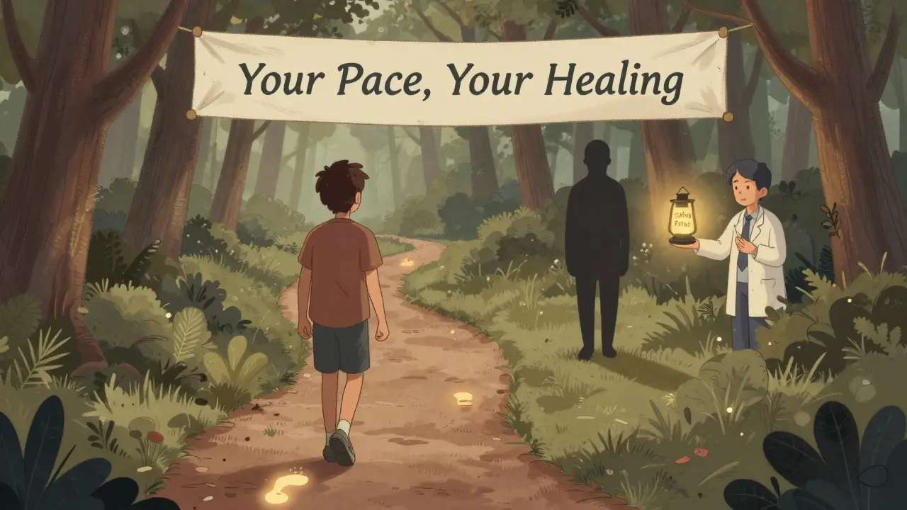 Klient pomalu jde cestou k uzdravení, traumata nejsou blízko, terapeut dodává bezpečí.