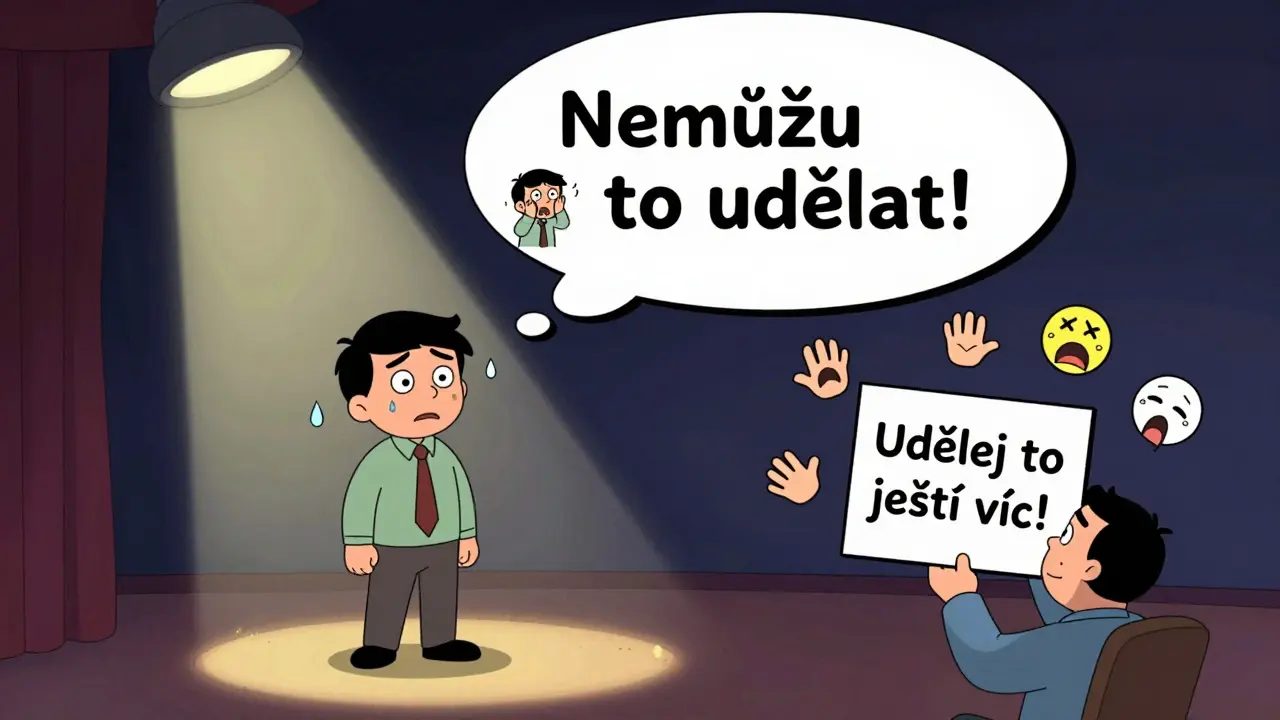 Klient se bojí vystupovat, ale terapeut ho vyzývá, aby se bojel ještě víc.