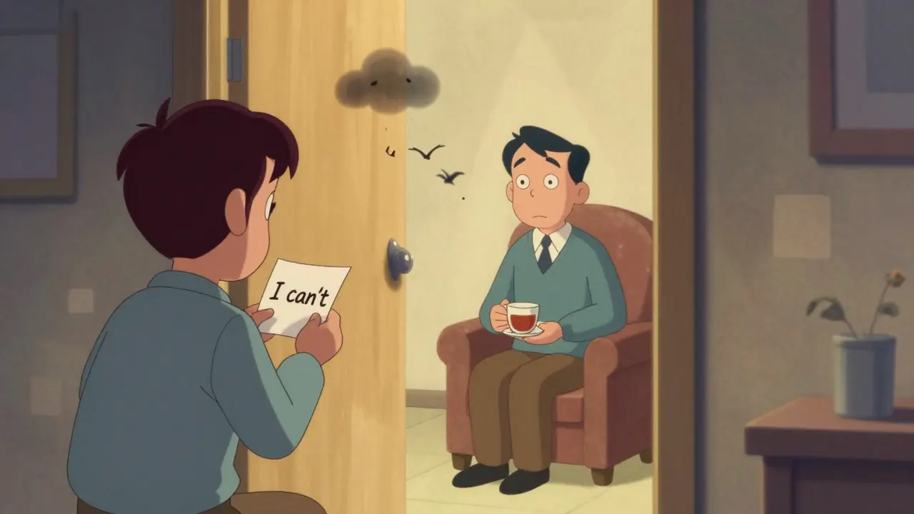 Klient se zdráhá vstoupit do kanceláře terapeuta, který ho klidně čeká.