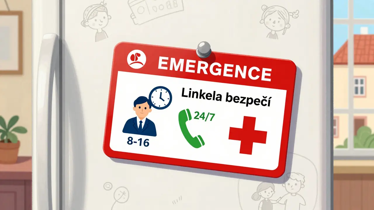 Kontakty na krizové služby na ledničce s ikonami a časy.