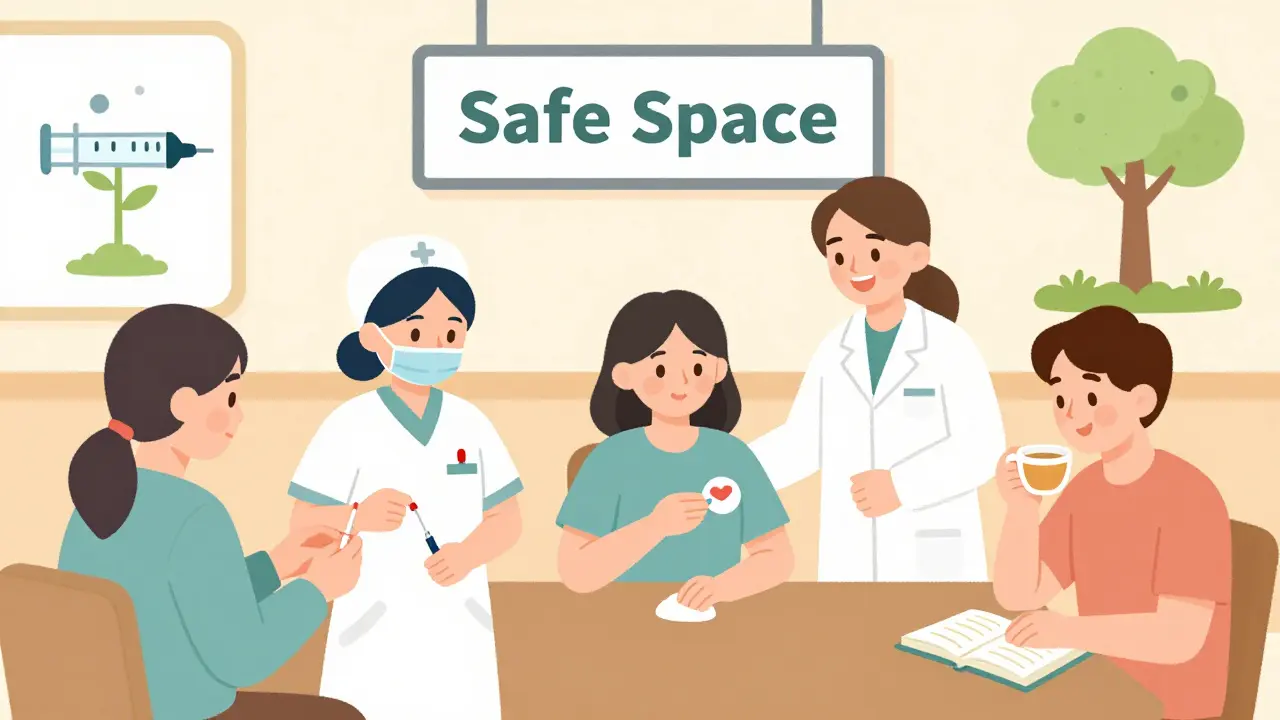 Lidé v bezpečném prostoru dostávají čisté jehly, učí se používat naloxon a píší do sešitu.