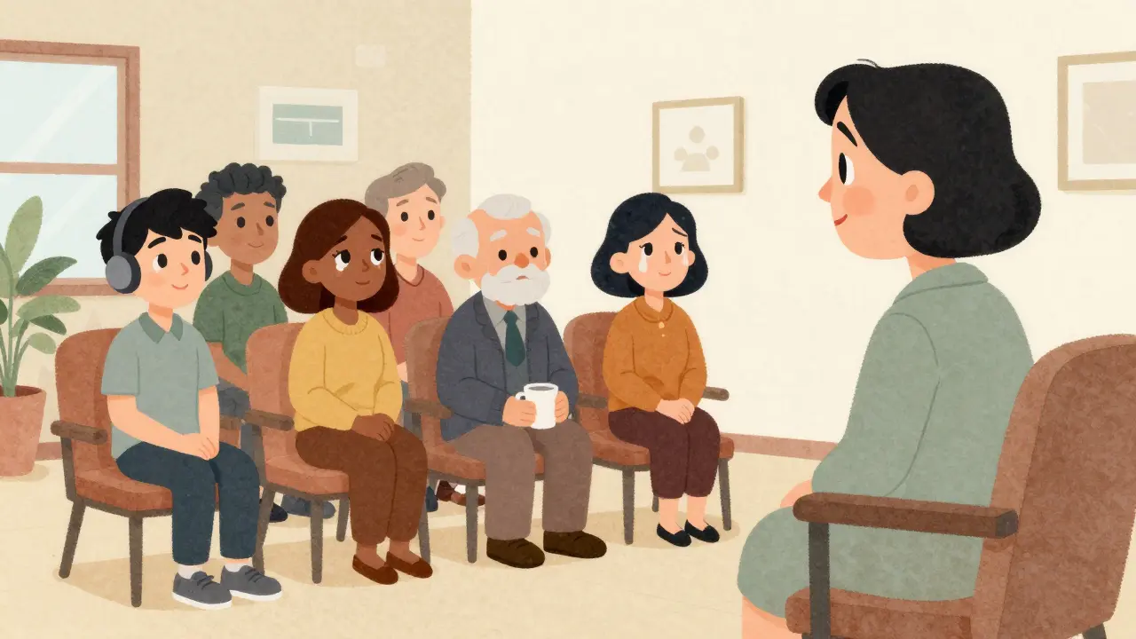 Lidé v krizovém centru sedí a poslouchají terapeuta s teplým osvětlením.