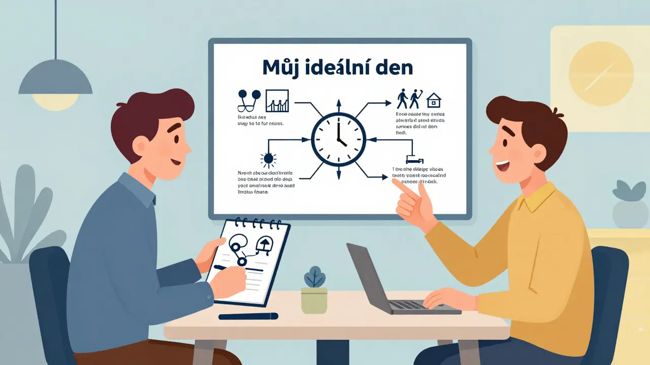 Manažer a zaměstnanec diskutují o ideálním pracovním dni s vizuálními návrhy na úpravy.