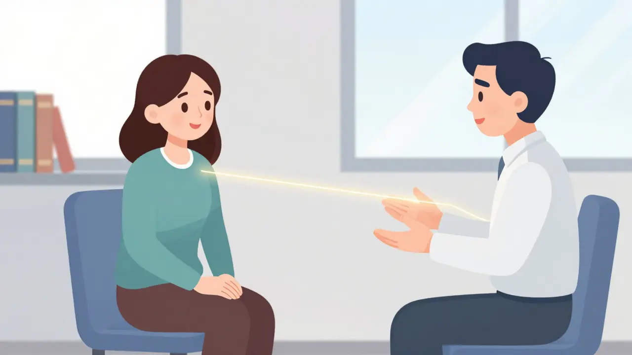 Mezi klientem a terapeutem svítí jasná hranice, symbolizující bezpečný terapeutický vztah.