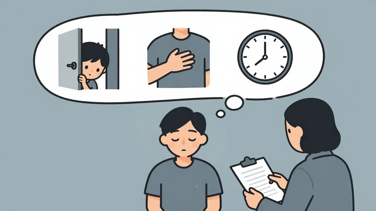 Myšlenky v bublině: dítě, tíha na hrudi, noc — osoba sedí s očima zavřenými.