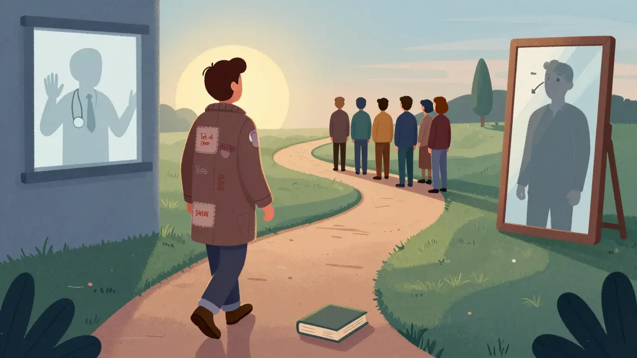 Osoba jde cestou na ranním světle, za ní průvodce v okně, vpředu tři cesty symbolizující další kroky.