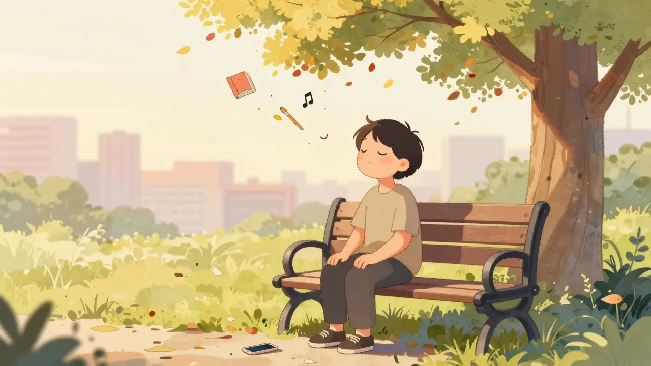 Osoba na lavičce v klidu, zavřené oči, kolem ní symboly radosti, zlatý západ.