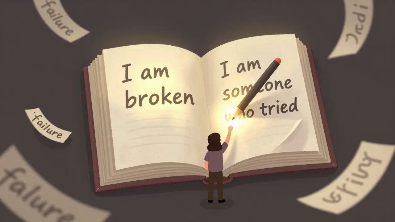 Osoba přepisuje svůj příběh, starý text mizí, nový svítí zlatou barvou.