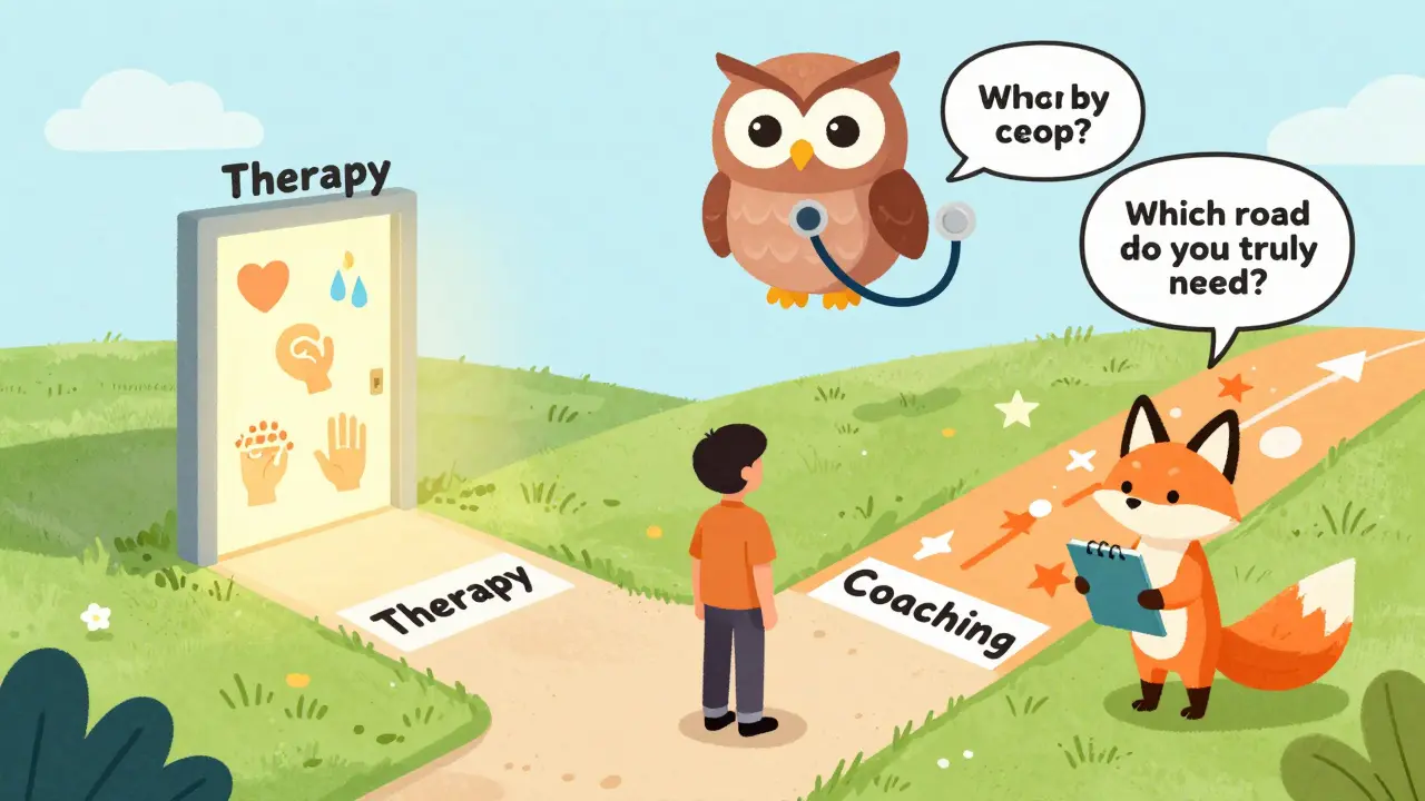 Osoba stojí na rozcestí mezi terapií a koučinkem, symbolicky vyznačenými cestami.