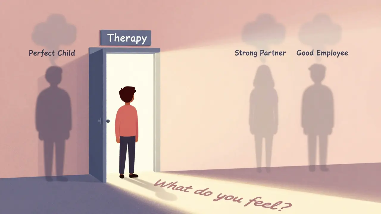 Osoba stojí u dveří s nápisem &#039;Terapie&#039;, za ní mizí očekávané role, vpředu světlo.