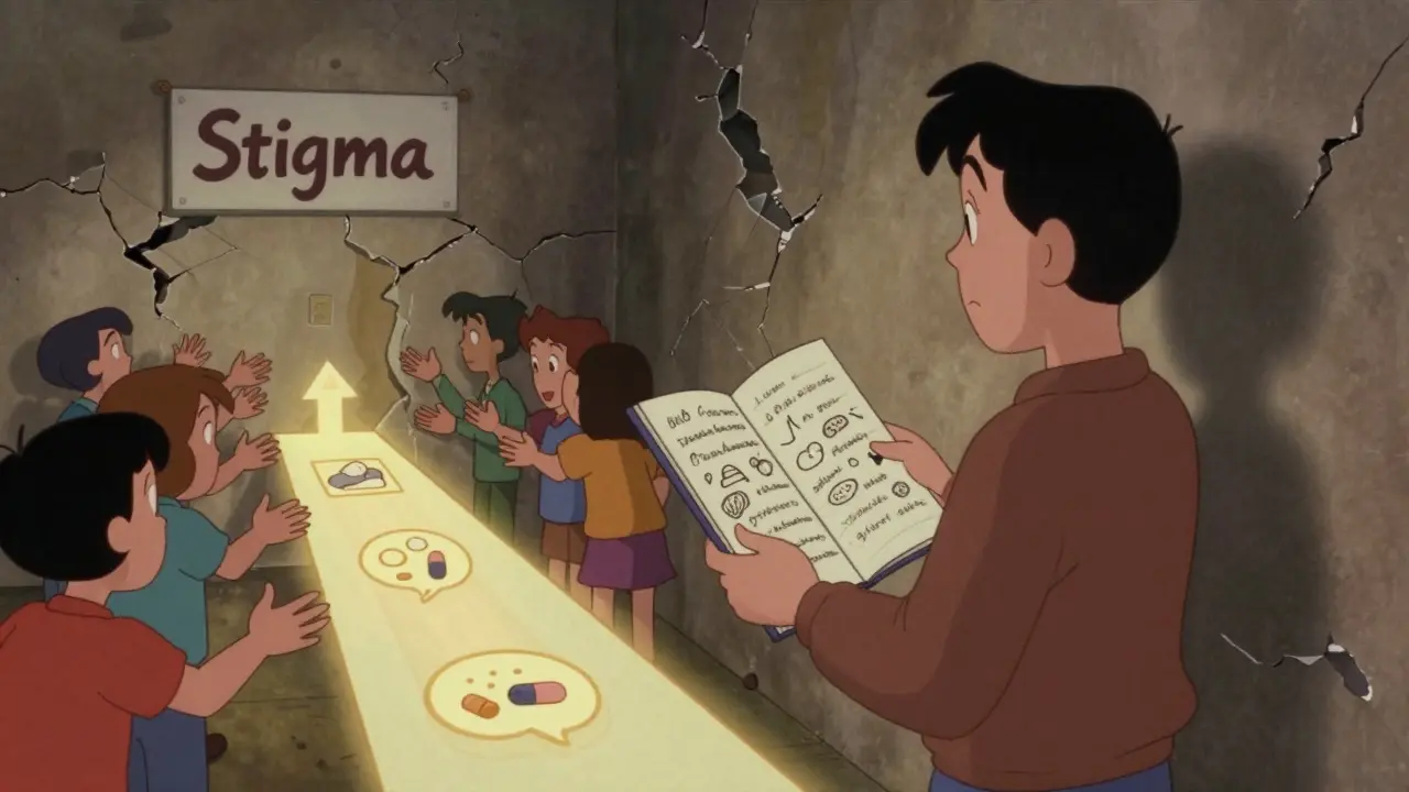 Osoba stojí vedle zhroutivší se zdi stigmy, zatímco rodina podporuje a cesta směřuje k klidu.