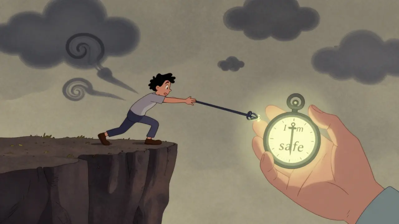 Osoba táhne záchranný kotvy země, zatímco její strachy mizí ve větrných oblácích.