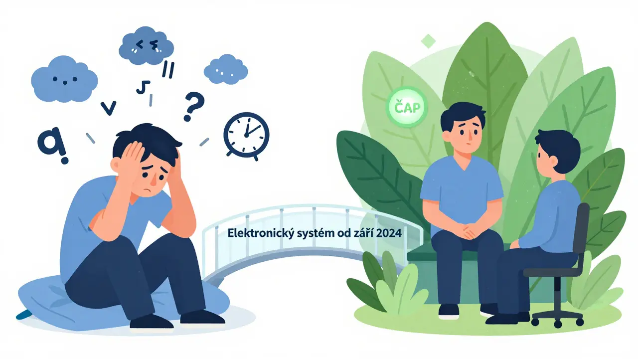 Pacient přechází z úzkosti k klidu díky psychoterapii v primární péči s elektronickou podporou.