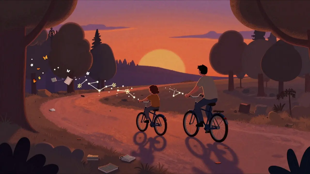 Rodič a dítě jezdí na kole lesem, jejich pohyb vytváří nervové spojení jako hvězdy.