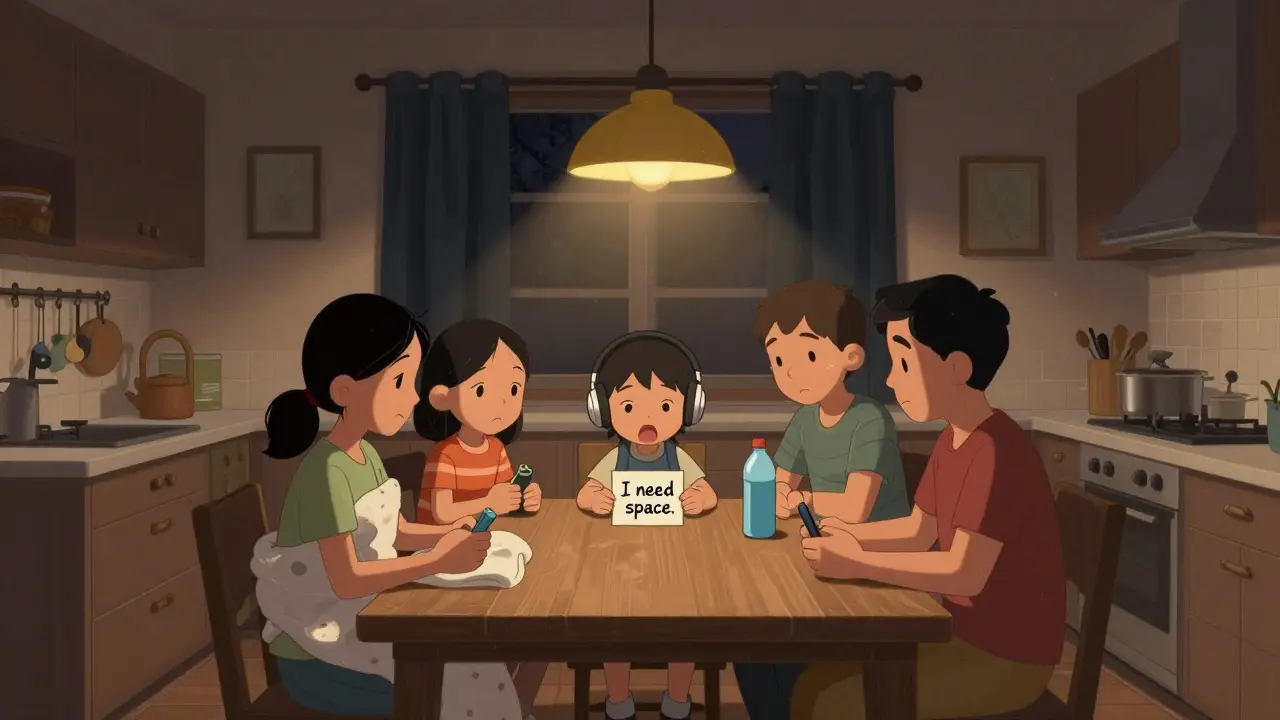 Rodina sedí u stolu v kuchyni, každý drží pomůcku pro klid, tiché osvětlení a klidná atmosféra.