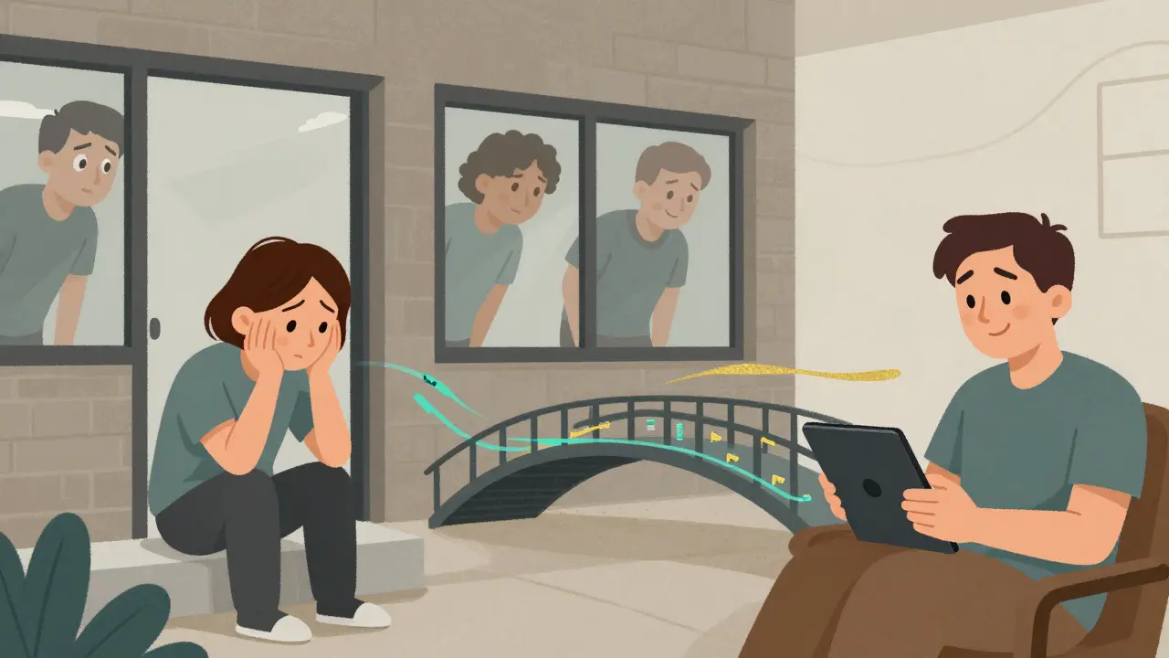 Rozdělený scénář: strach před terapií napravo, anonymní pomoc vlevo, spojené datovým mostem.