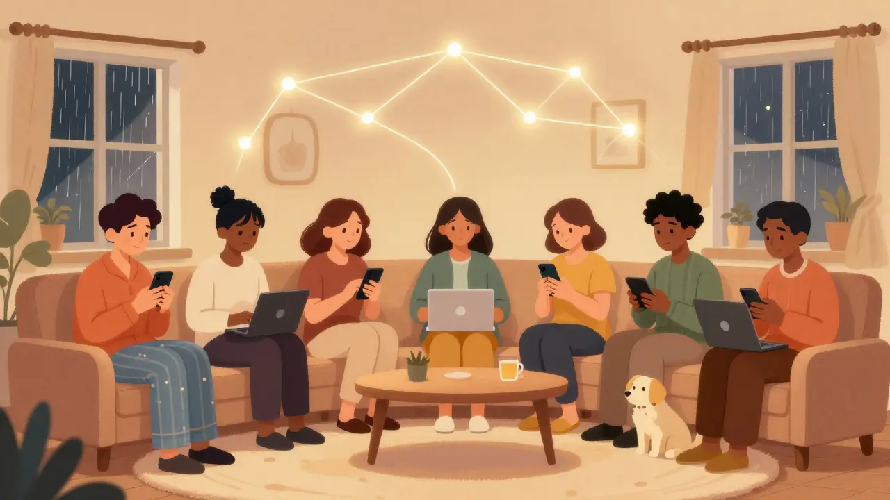 Různí lidé v různých domácnostech používají zařízení pro online terapii, spojení symbolizují světelné čáry.