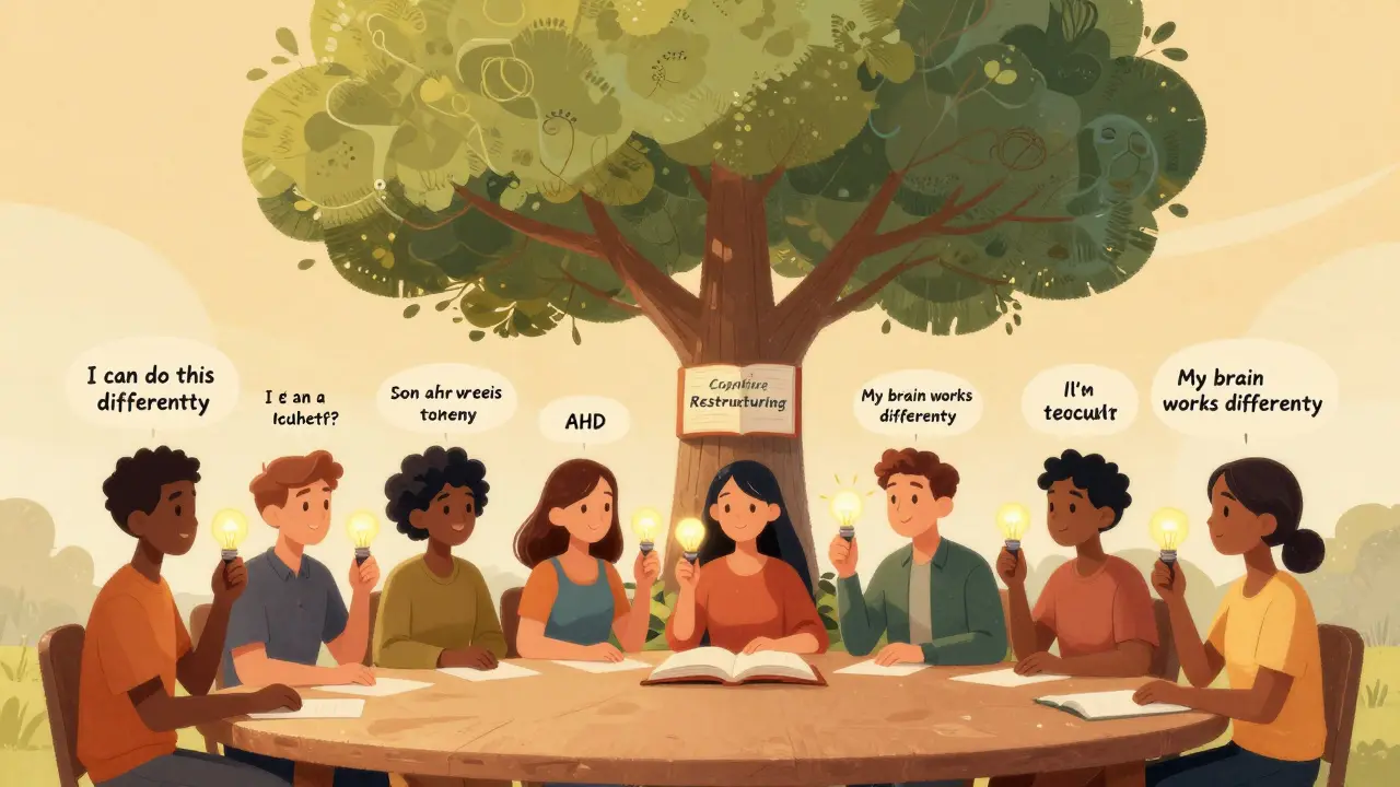 Skupina dospělých s ADHD drží světla nových myšlenek, zatímco nad nimi roste strom poznání.