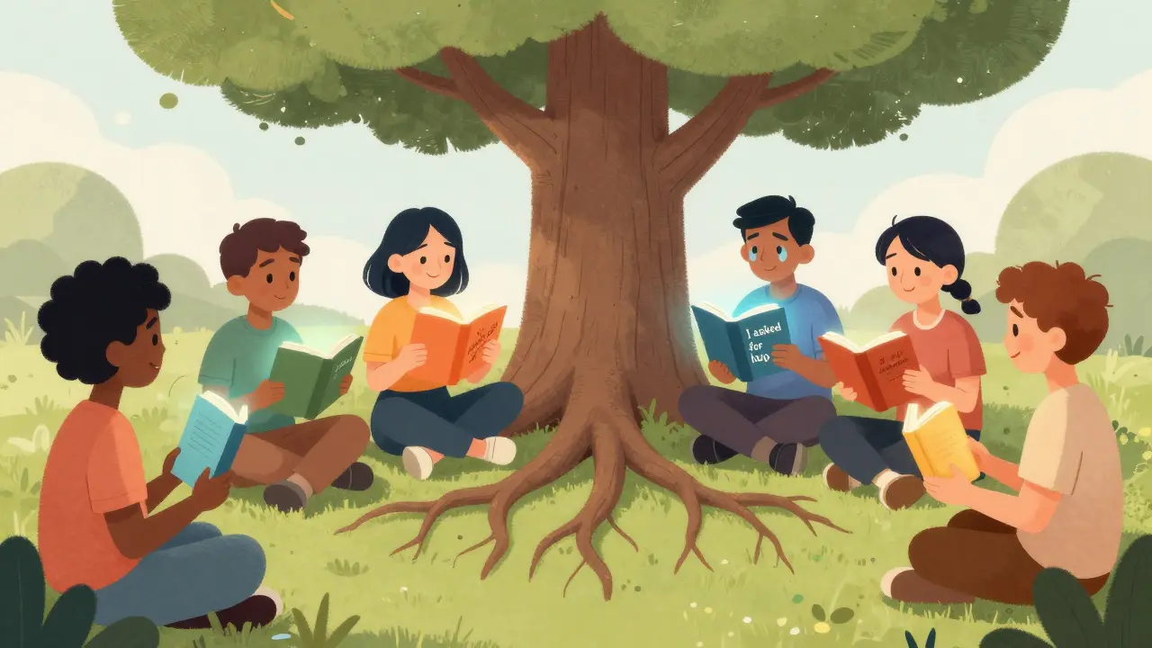 Skupina lidí čte své nové příběhy pod stromem, který má kořeny ve tvaru pera.
