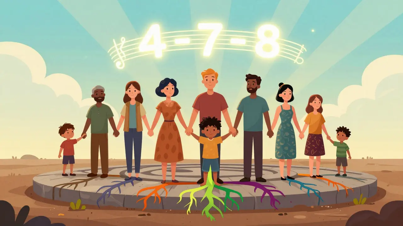 Skupina lidí stojí na zemi s kořeny, symbolizujícími zemědělení a spojení.