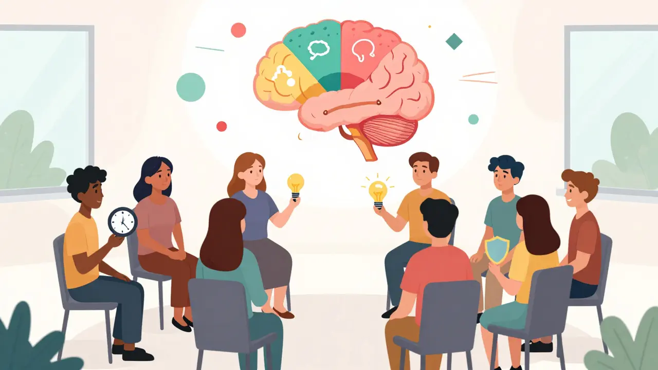 Skupina lidí v kruhu během psychoedukačního sezení s nástroji reprezentujícími strategie zvládání.