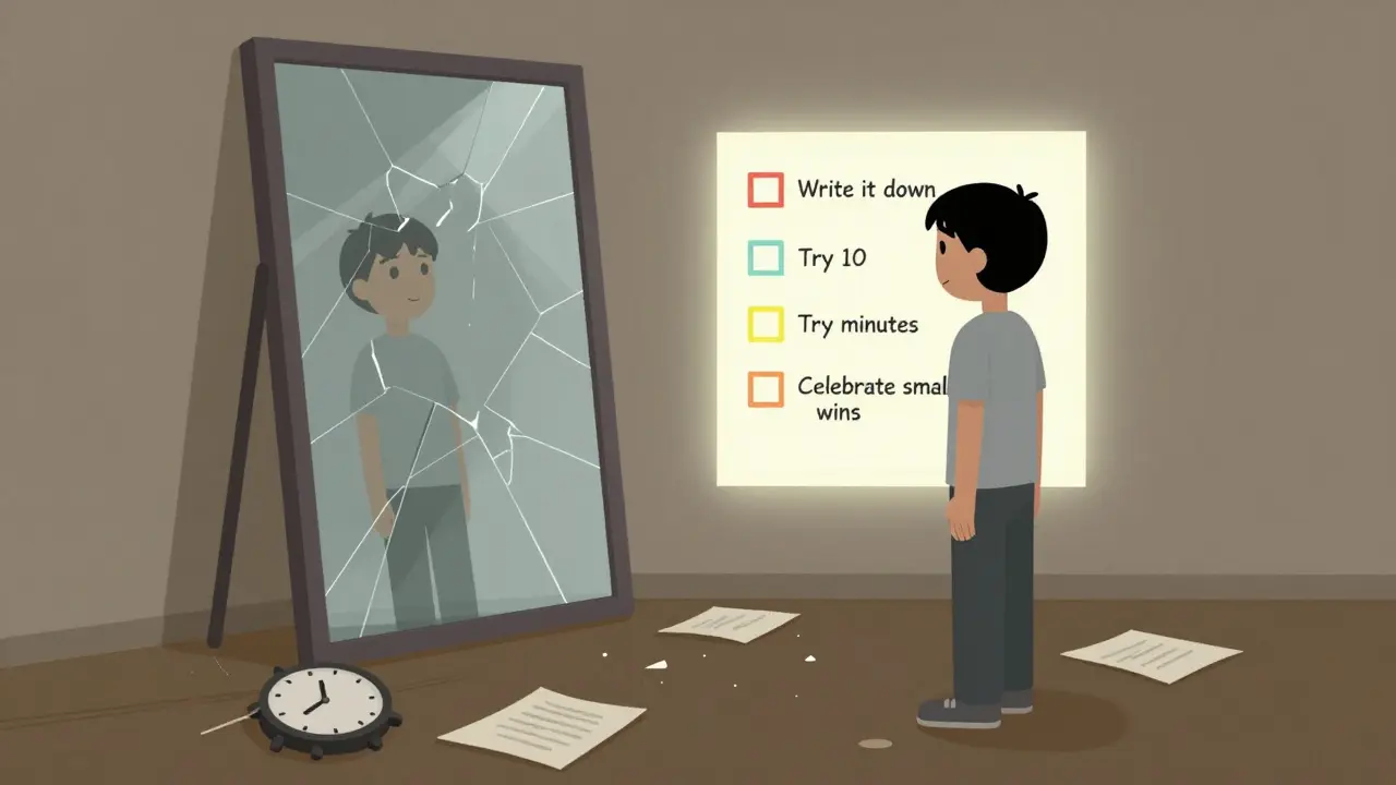 Student před zrcadlem, které odrazuje selhání, zatímco na zemi leží nástroje pro malé kroky k úspěchu.