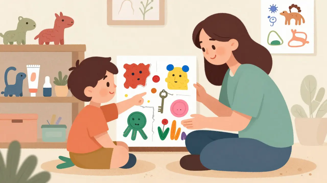 Terapeut a dítě společně prozkoumávají barevnou koláž s tajemnou postavičkou.