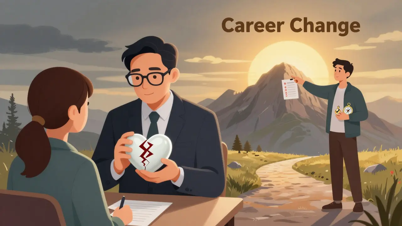 Terapeut drží poškozené srdce, kouč ukazuje na cíl v budoucnosti.