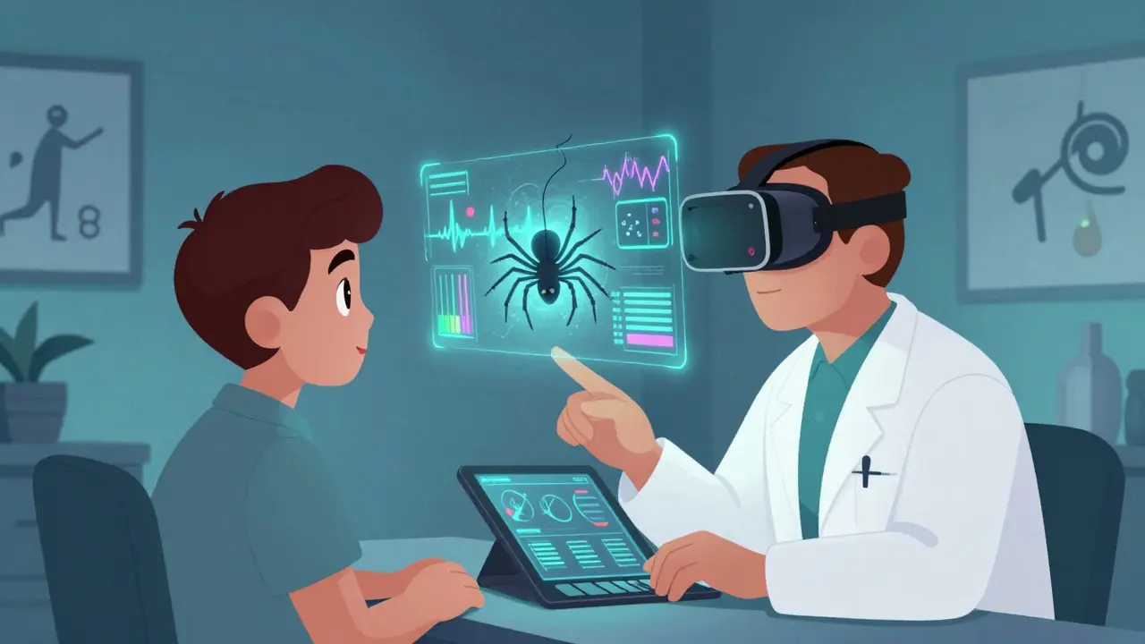 Terapeut sleduje klienta ve virtuální realitě s digitálním pavoukem a biometrickými daty.