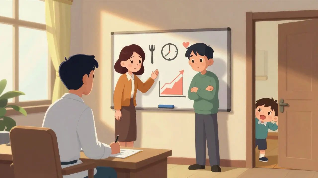 Terapeut vede rodiče přes vizuální plán léčby anorexie.