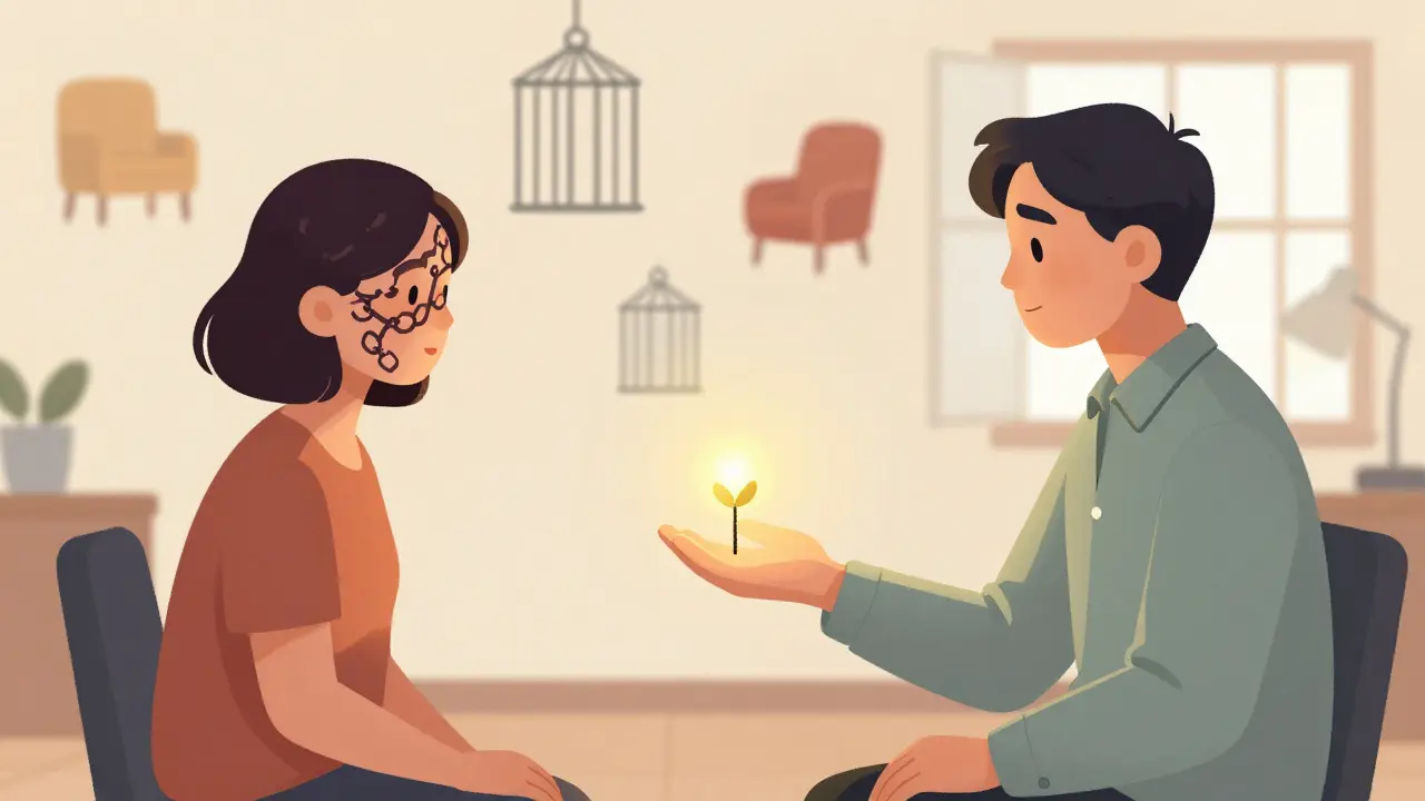 Terapeutka a pacientka spolu v kanceláři, zářivé semínka symbolizují návrat důvěry.