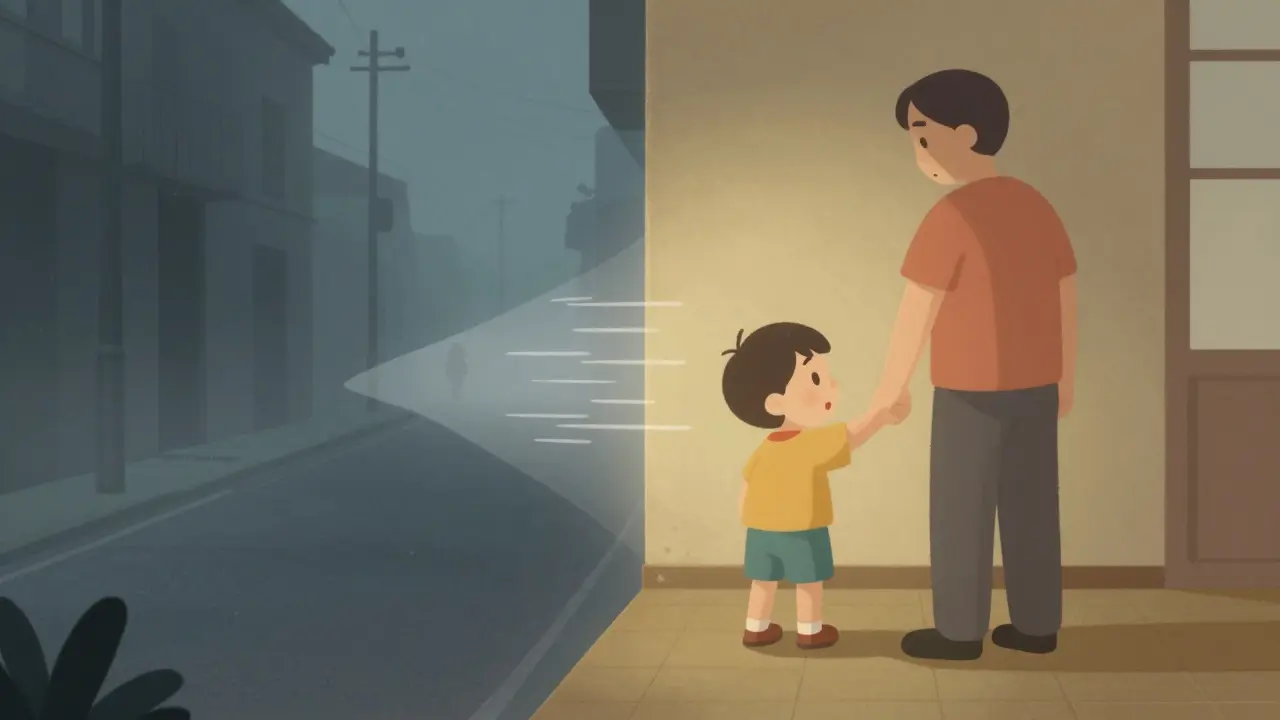 Transformace strašidelné scény ztráty dítěte do klidné a bezpečné scény s rodičem.