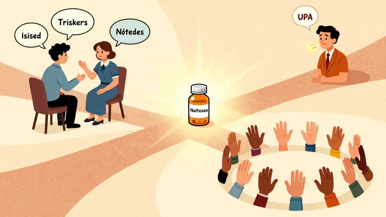 Tři cesty léčby: terapie, lék a podpora skupiny, spojené v jednom obrazu.