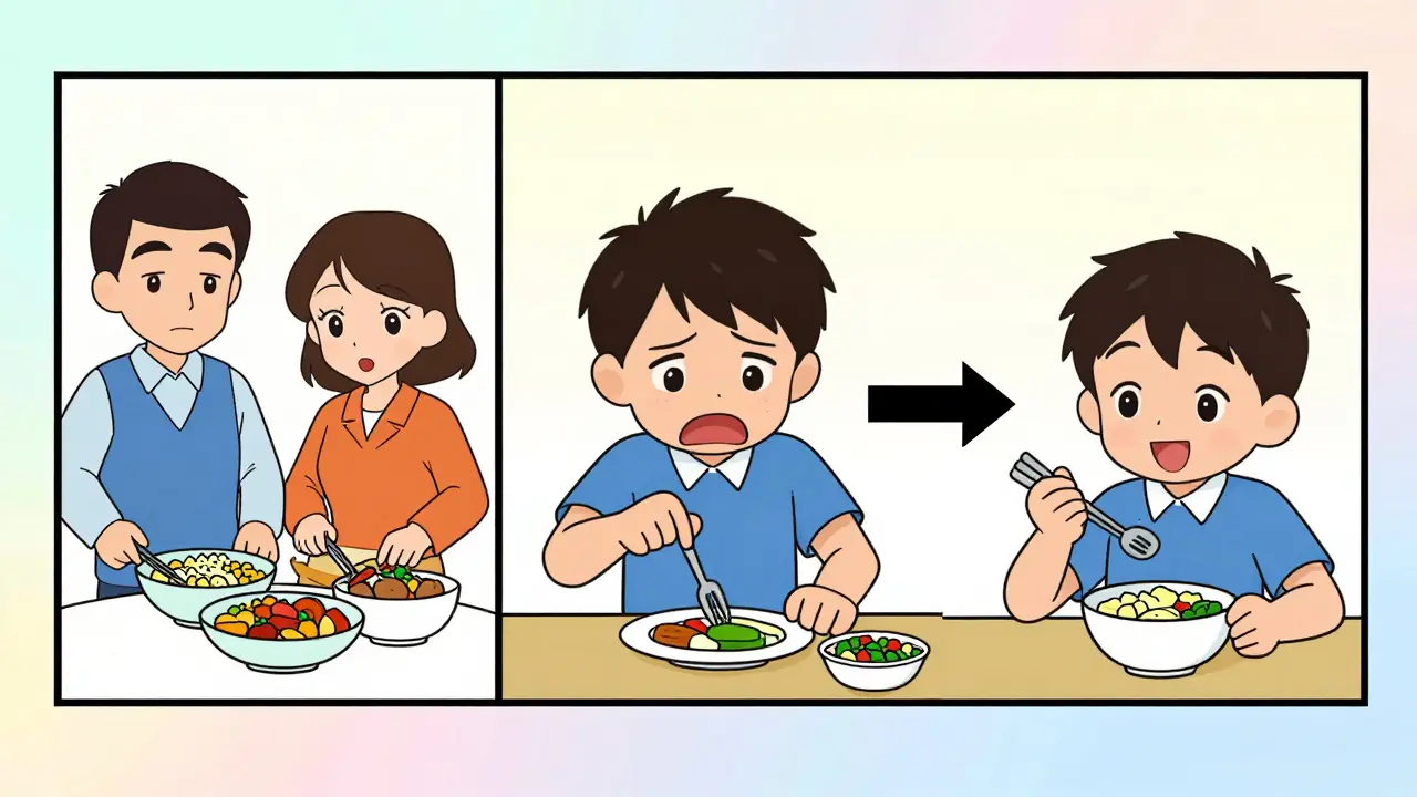 Tři scény léčby FBT: od odmítnutí jídla po samostatné jídlo.