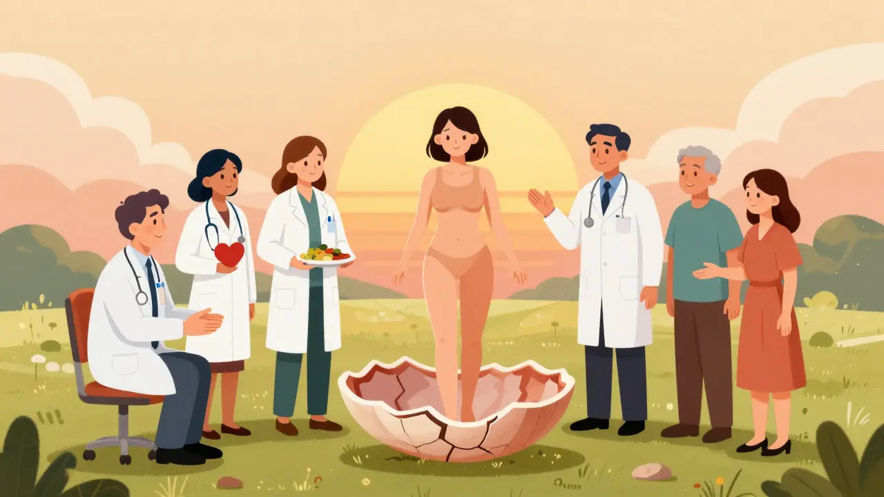 Tým léčby obklopuje ženu, která opouští prázdnou skořápku svého těla.