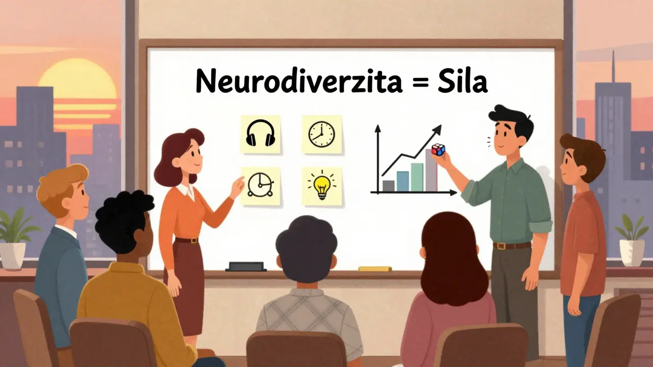 Tým u whiteboardu s návrhy na podporu neurodiverzity a růstem produktivity.