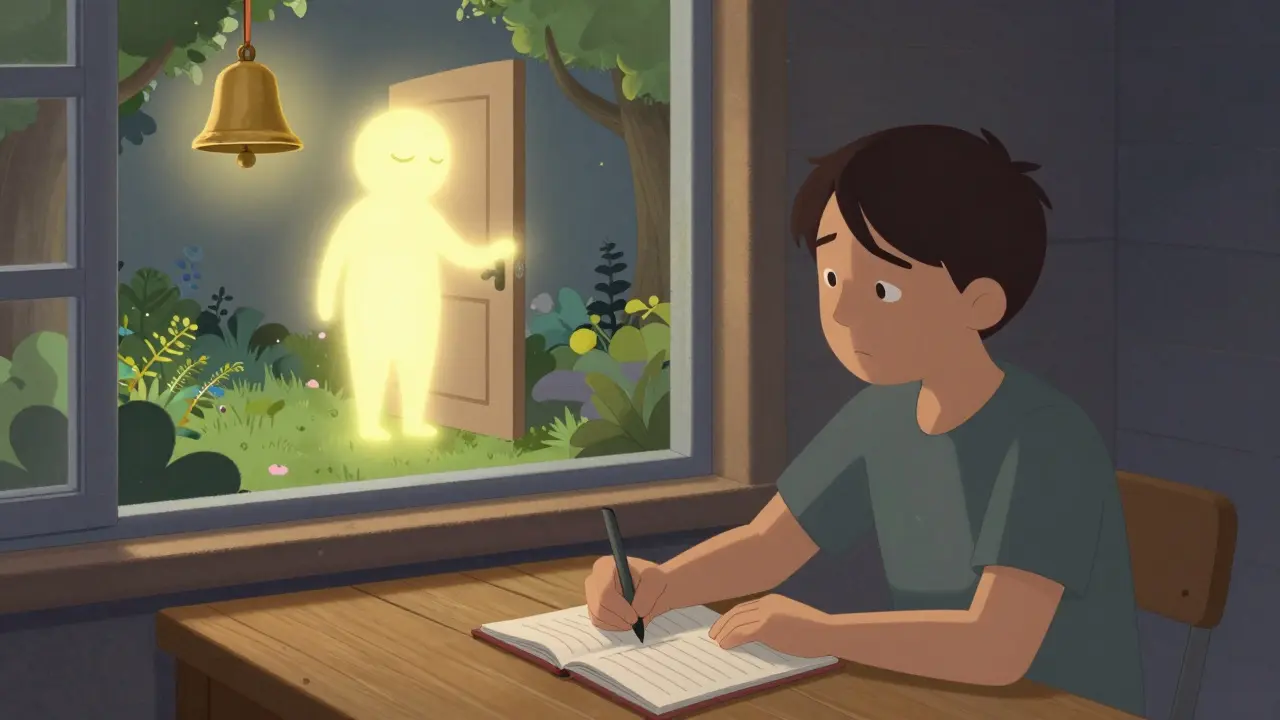 Člověk přepisuje noční můru do bezpečného scénáře s květinovou zahradou a zvonek.