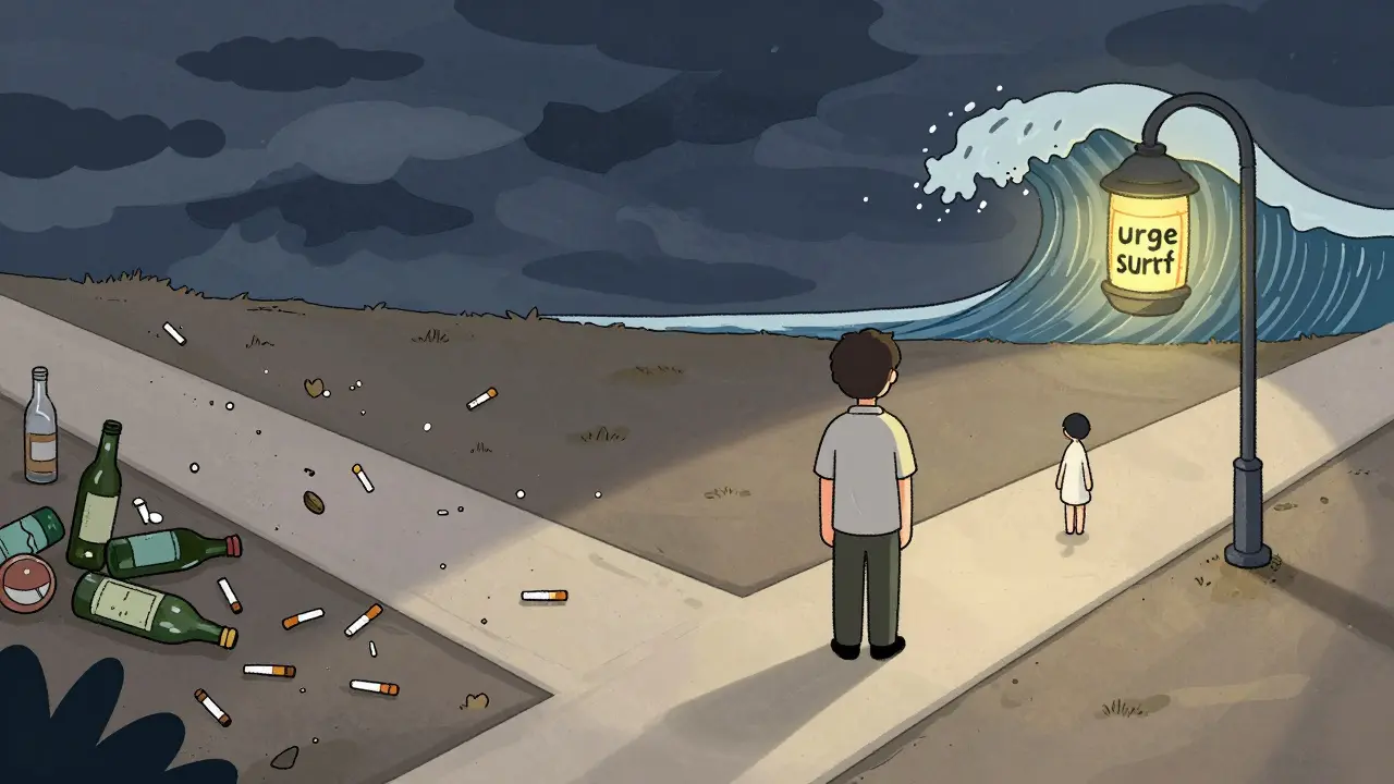 Člověk stojí na křižovatce mezi závislostí a klidem, sleduje vlnu toužby jako světelný signál.