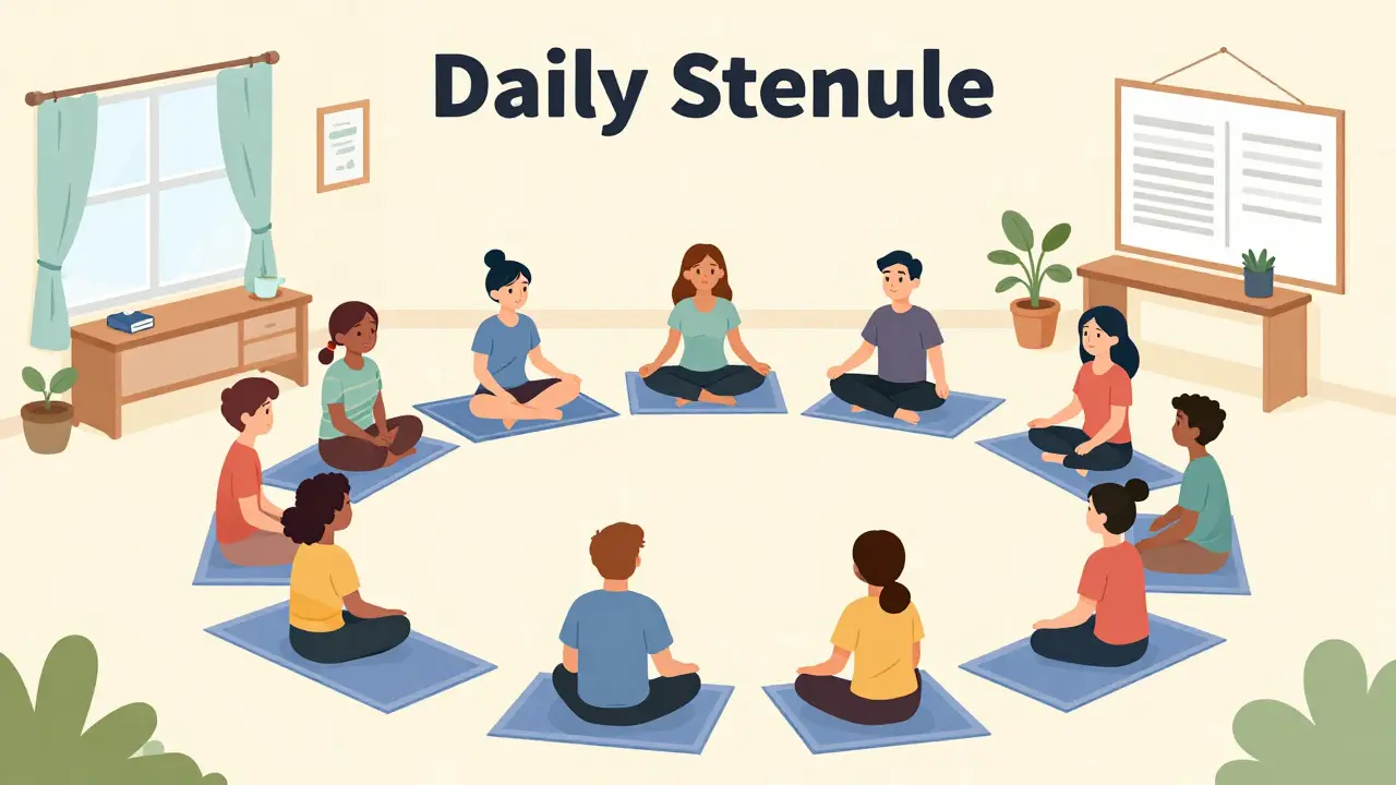 Denní program v rezidenční léčbě: terapie, skupinové schůzky a klidné prostředí bez návykových látek.