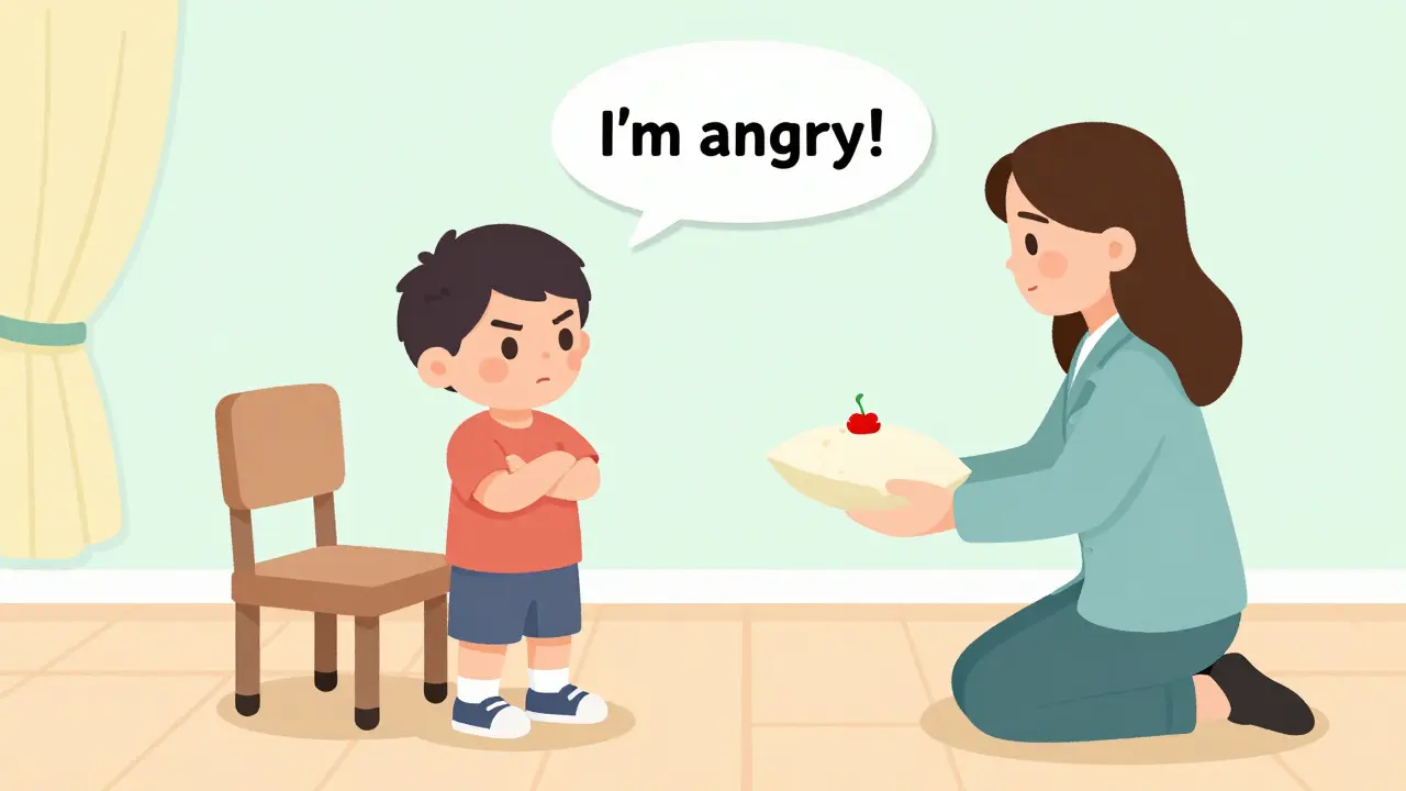 Dítě drží rozbitou hračku, terapeut mu nabízí polštář jako bezpečnou alternativu pro vyjádření hněvu.