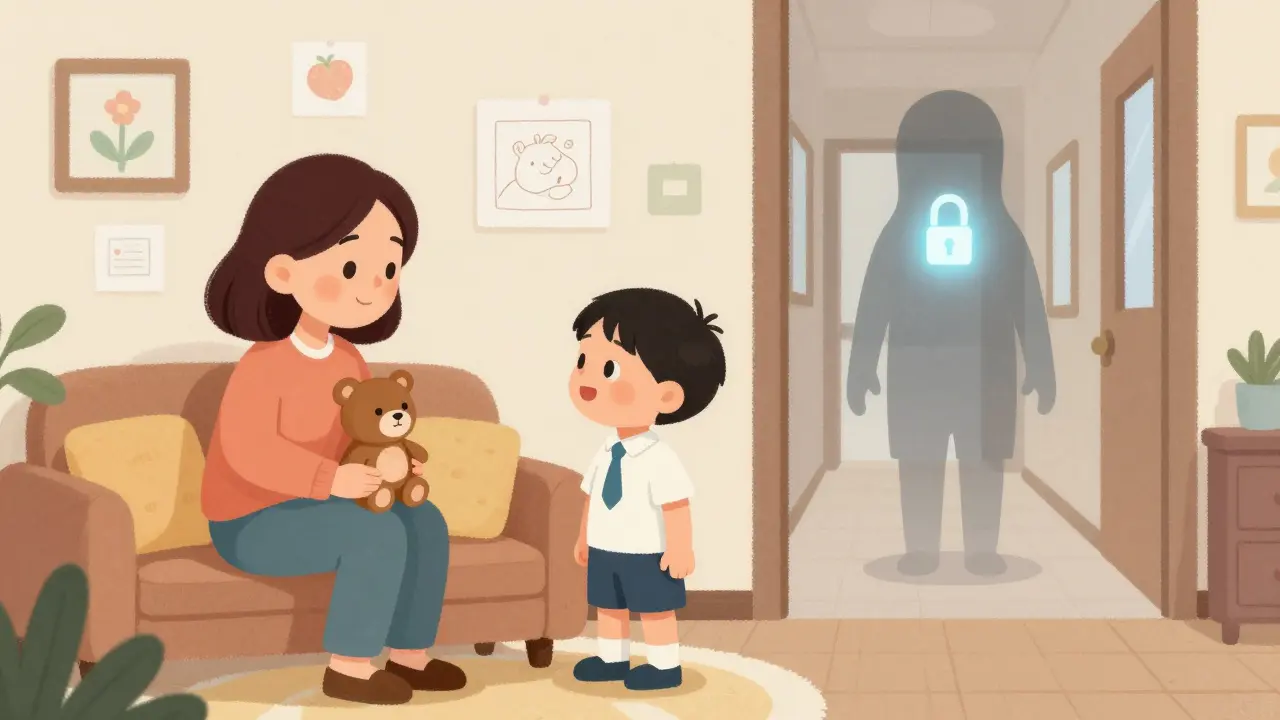 Dítě mluví doma s maminkou, zatímco jeho stín v škole je zablokovaný zámkem, znázorňující dvojí realitu.