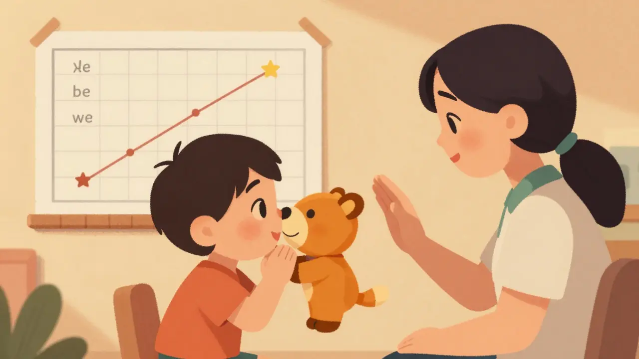 Dítě mluví skrze loutku během terapie, na stěně je graf s malými kroky k řeči, teplé osvětlení vytváří pocit bezpečí.