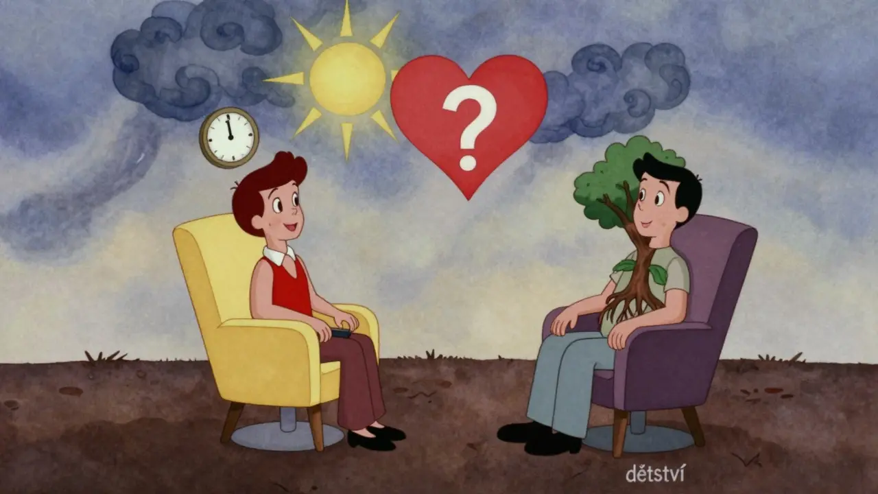 Dvě osoby v terapii: jedna se zlepšuje, druhá má strom rostoucí z hrudníku, symbolizující hlubokou práci s dětstvím.