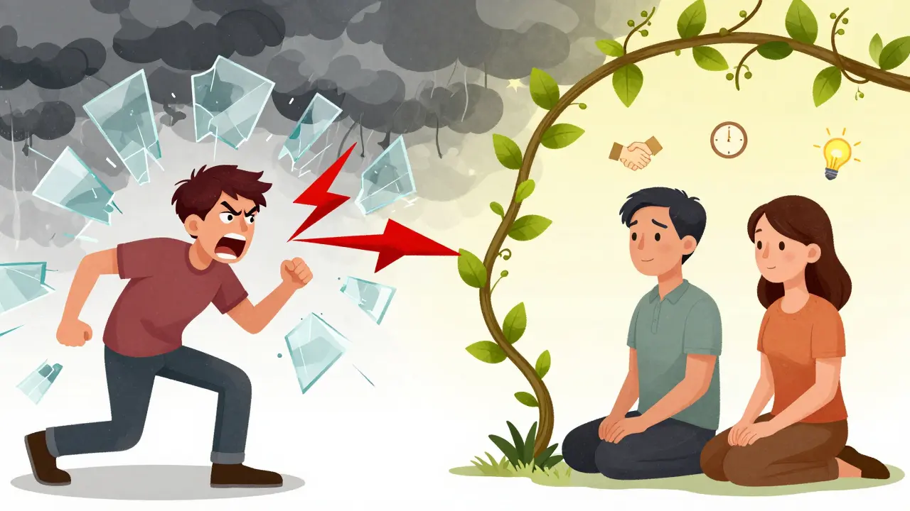 Dvě scény: jedna s křikem a rozbitým sklem, druhá s klidem a rostoucí větví mezi partnery.