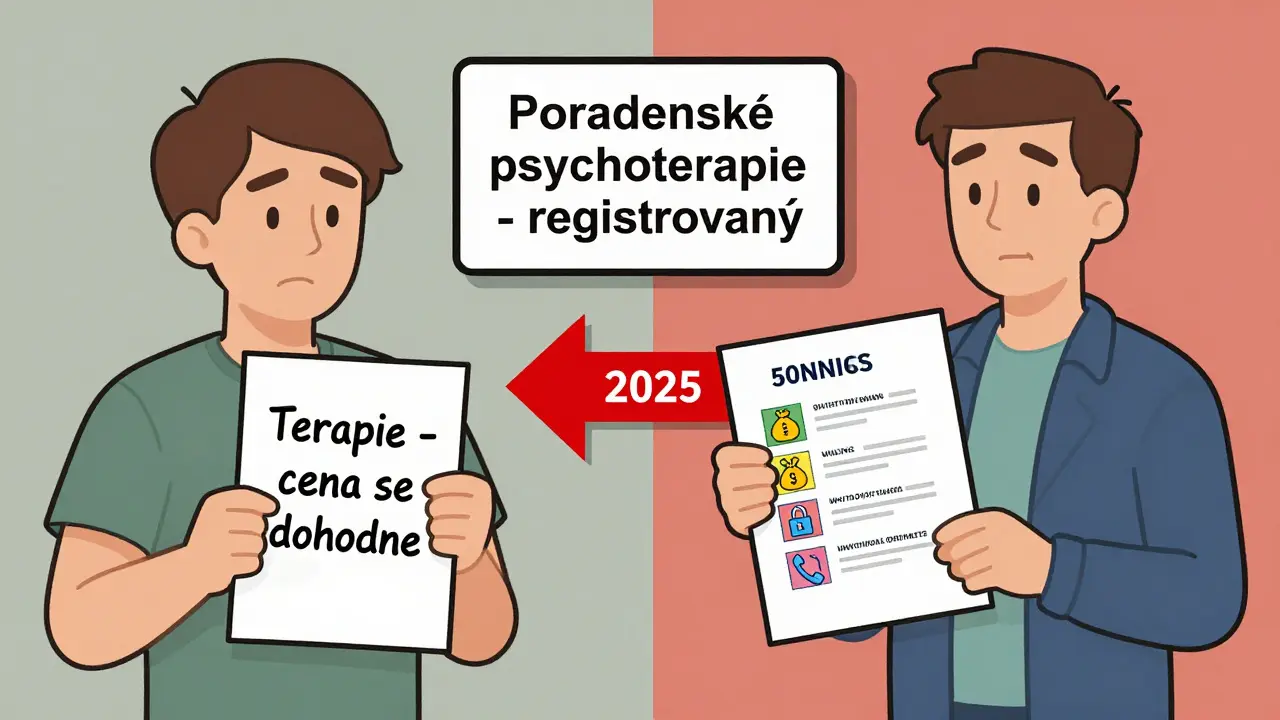 Dvě scény: jedna s nejasnou smlouvou, druhá s přehlednou smlouvou podle nových pravidel z roku 2025.