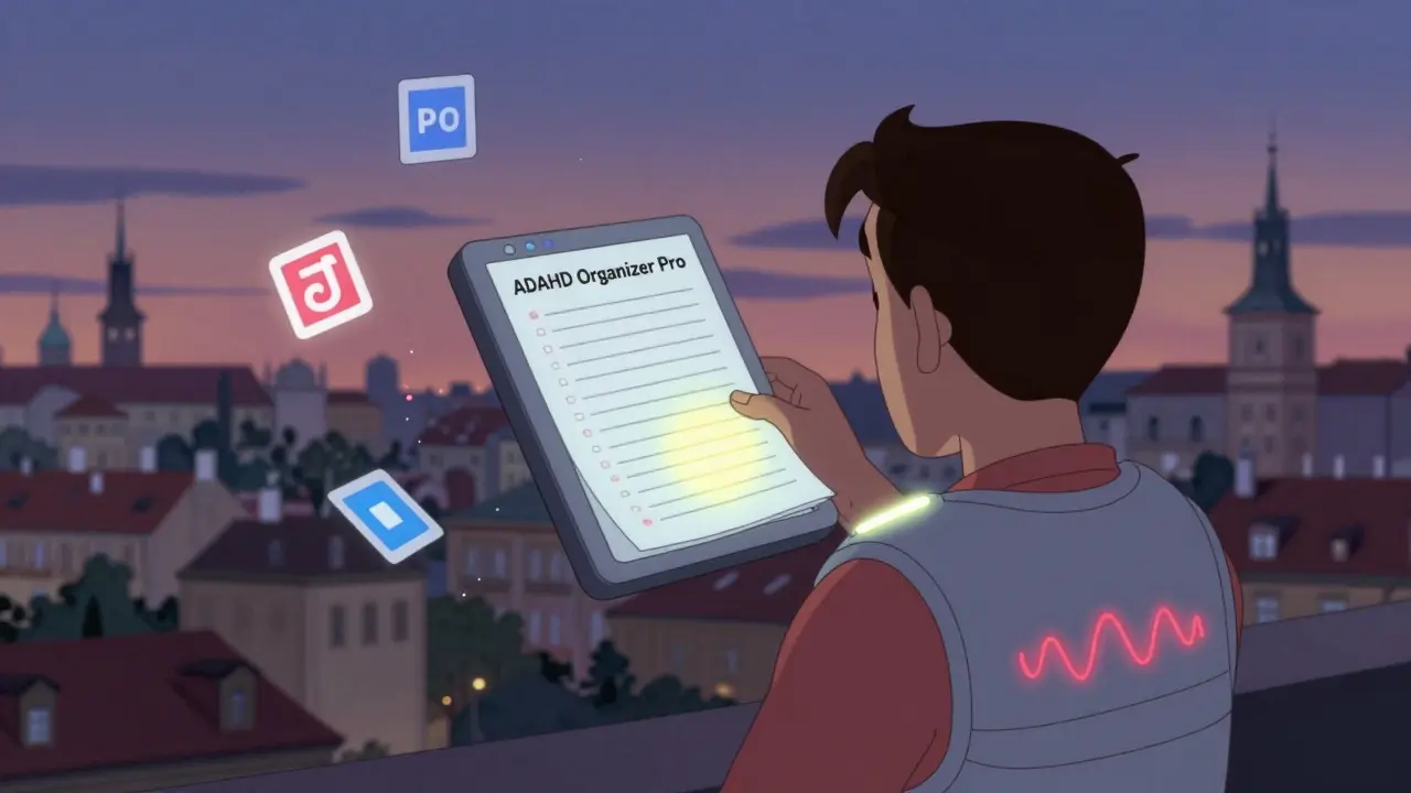 Fiktivní zařízení ADHD Organizer Pro synchronizuje papírový plánovač s vestou, která reaguje na stres.