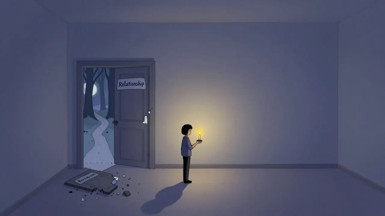 Jedna osoba stojí samotná v prázdné místnosti, svíčka svítí, za ní leží rozbitá dveře, venku je klidný les.